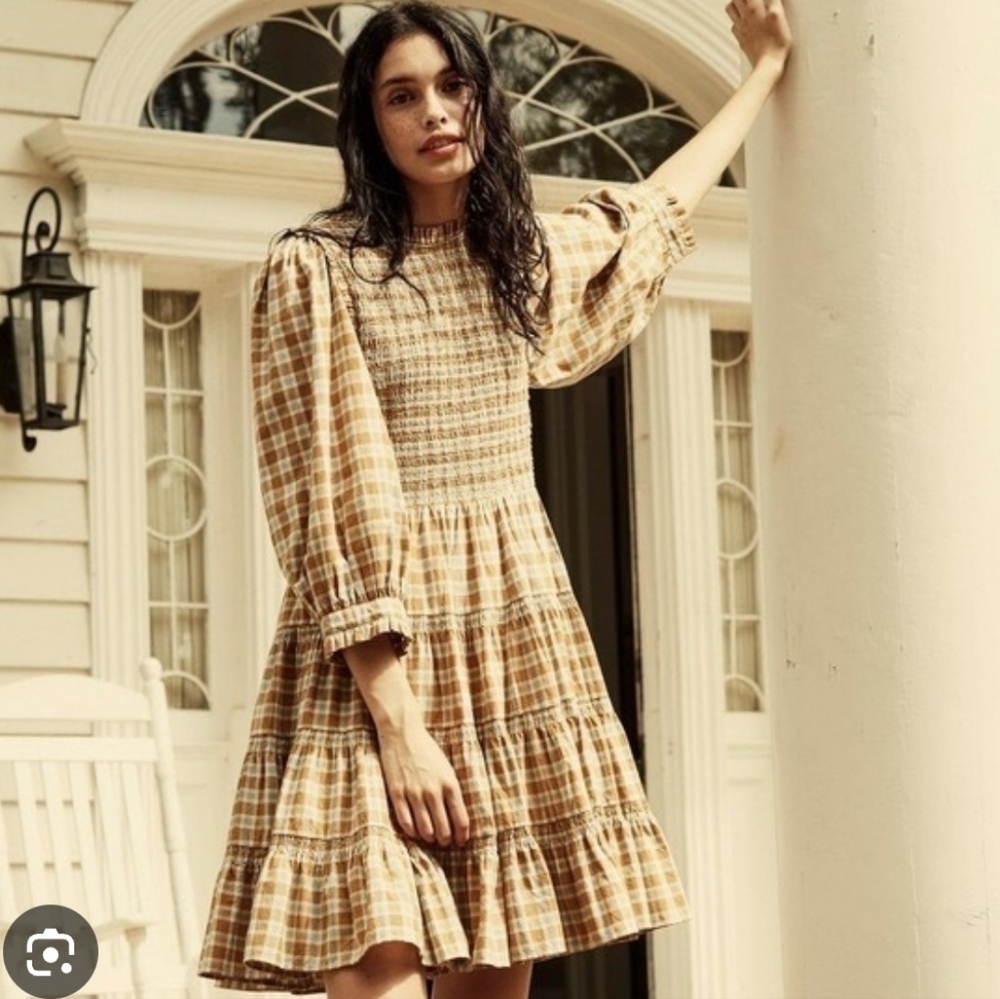 Doen Beige Plaid Smocked Tiered Long-Sleeve Dress